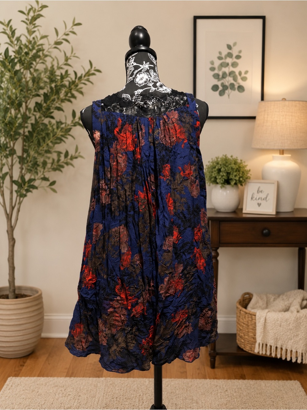 Free People Navy and Red Floral Slip with Black Lace - Picture 3 of 4